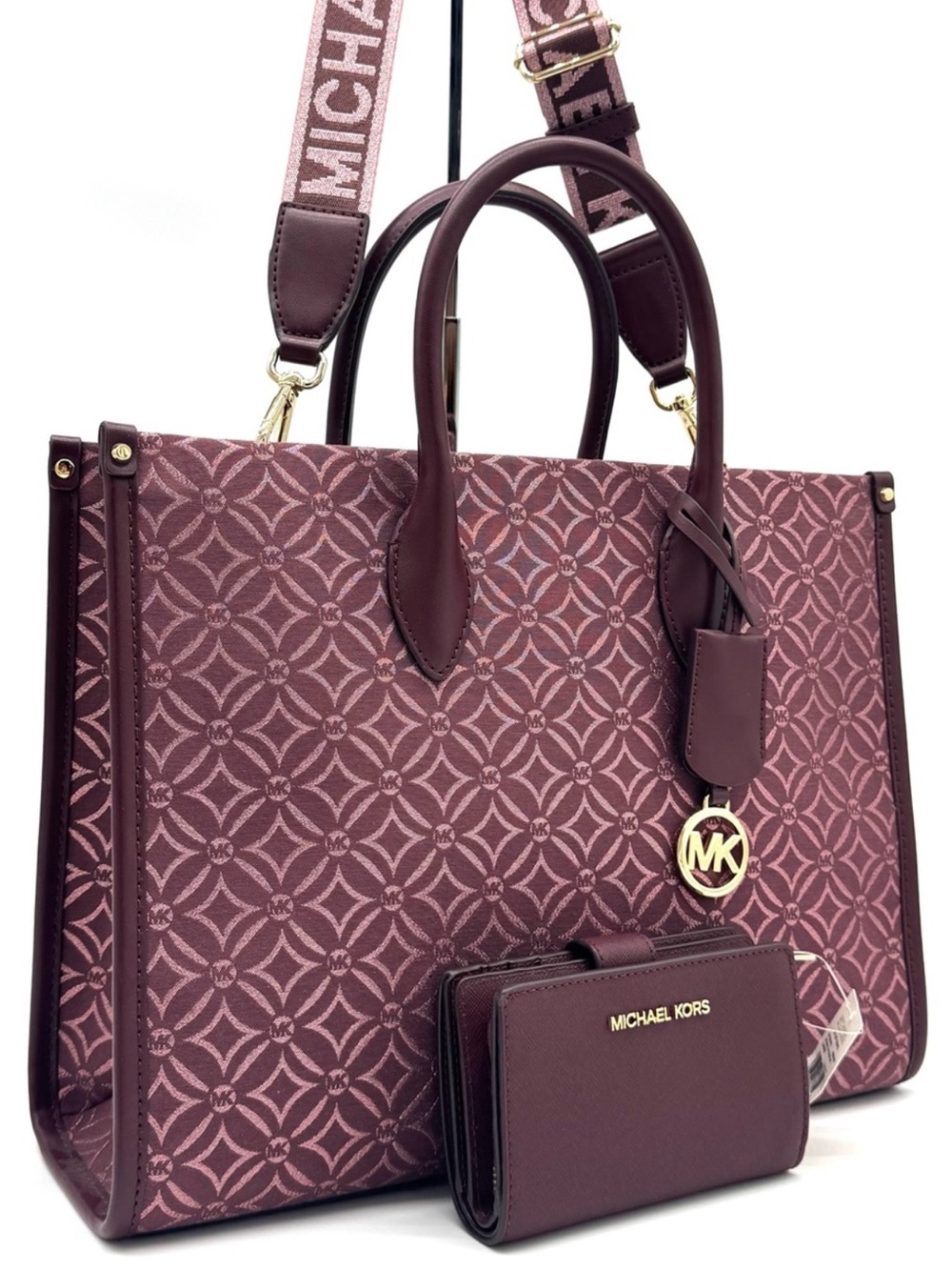 Michael Kors Medium Mirella Tote Bag & Matching Bifold Zip Chain Wallet Ox Blood